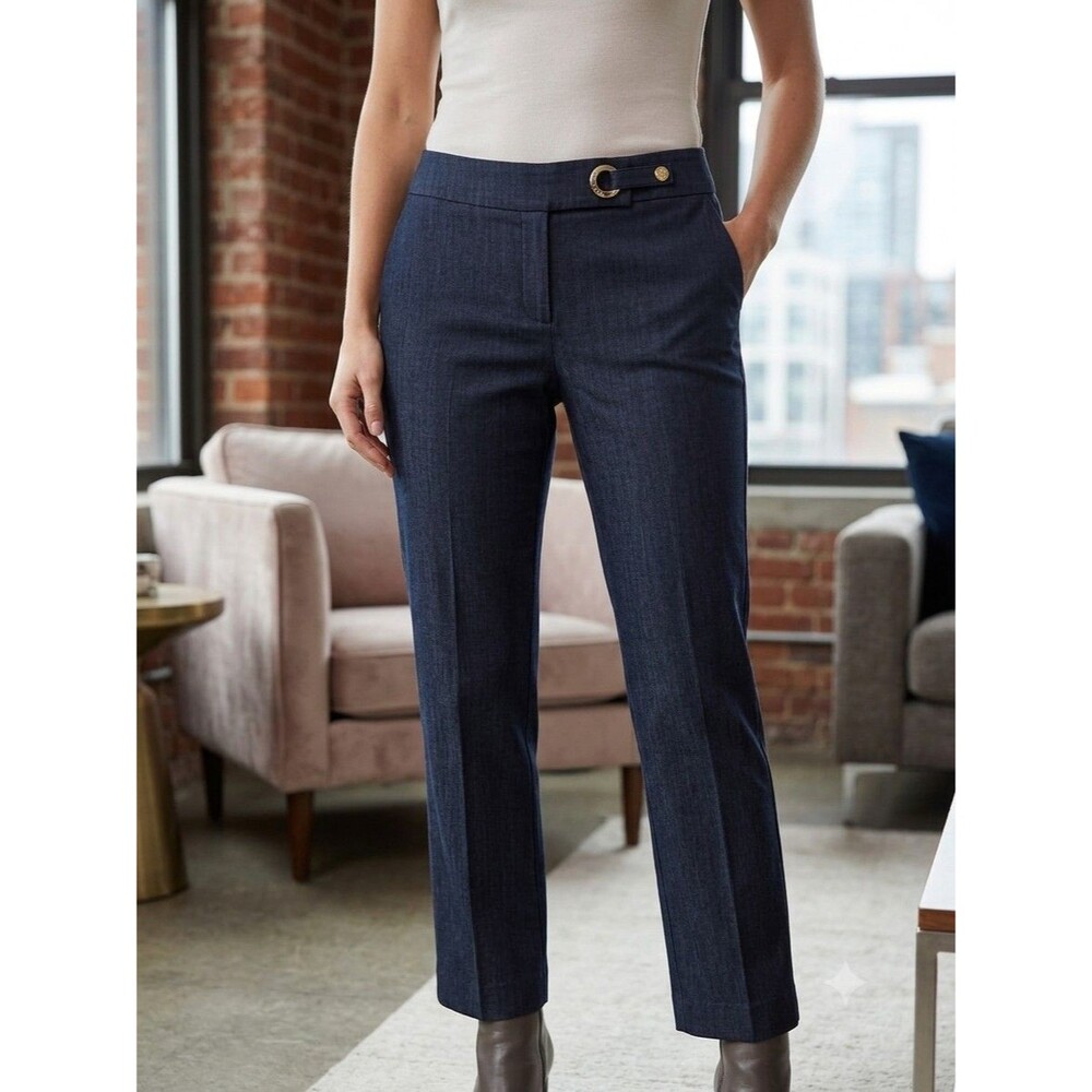 Anne Klein Pants Womens Sz 6 Navy Blue Straight Leg Dress Trousers Gold Hardware
